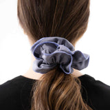 Blue frill scrunchie with ruffles made zero waste from organic cotton satin #color_blue-granite