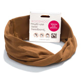 KOOSHOO organic twist headband in cocoa brown on-packaging. Consciously created sustainably designed headband with multi-use design #color_cocoa-brown