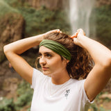 olive green workout headband made from wide organic cotton #color_olive-branch