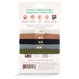 KOOSHOO 100% plant-based and plastic-free organic hair ties 5-pack back of packaging. Positive environmental change. Ethical manufacturer, GOTS certified nontoxic dyes, social good enterprise and feeling good #color_classics
