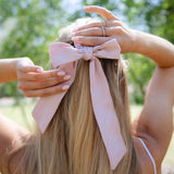 sustainable organic hair bow scrunchie for kids, girls, teens made from soft and comfortable satin #color_violet-ice