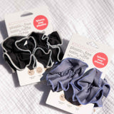 plastic-free satin ruffle scrunchies black blue gray, cruelty-free and vegan yet soft as silk #color_tuxedo