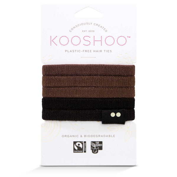 KOOSHOO plastic-free hair tie 5-pack in brown/ black. Certified organic and 100% biodegradable and in 100% recycled paper packaging #color_brown-black