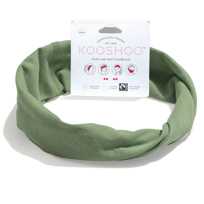 KOOSHOO organic twist headband in watercress green on-packaging. Consciously created sustainably designed headband with multi-use design #color_watercress-green