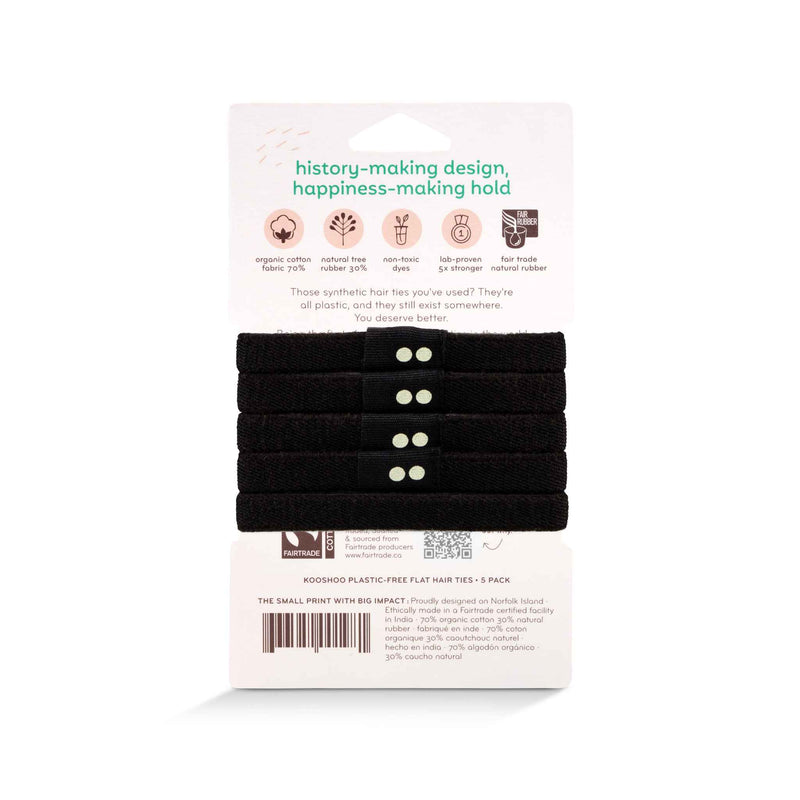 KOOSHOO plastic-free black hair tie 5-pack that are 100% biodegradable and organic. Small acts creating big impact. Fairtrade certified and ethically manufactured #color_black