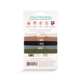 KOOSHOO 100% plant-based and plastic-free organic hair ties 5-pack back of packaging. Positive environmental change. Ethical manufacturer, GOTS certified nontoxic dyes, social good enterprise and feeling good #color_classics