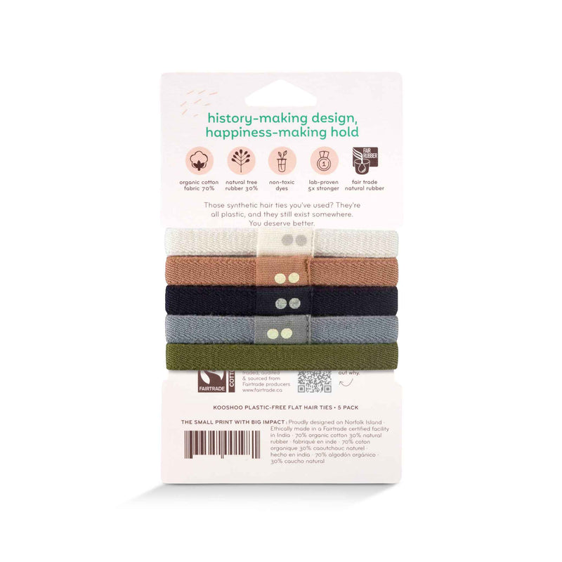 KOOSHOO 100% plant-based and plastic-free organic hair ties 5-pack back of packaging. Positive environmental change. Ethical manufacturer, GOTS certified nontoxic dyes, social good enterprise and feeling good #color_classics