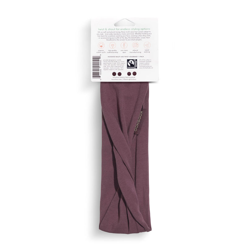 KOOSHOO organic twist headband wild ginger on-packaging. Rose brown certified organic cotton, non-toxic dyes and ethically manufactured #color_wild-ginger