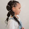 Little girl with braided hair in two high pony tails in colourful hair elastics