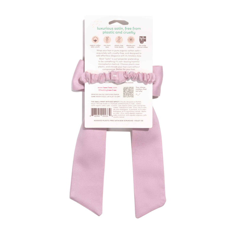 organic cotton satin bow scrunchie sustainably made for comfortable, ouchless style #color_violet-ice