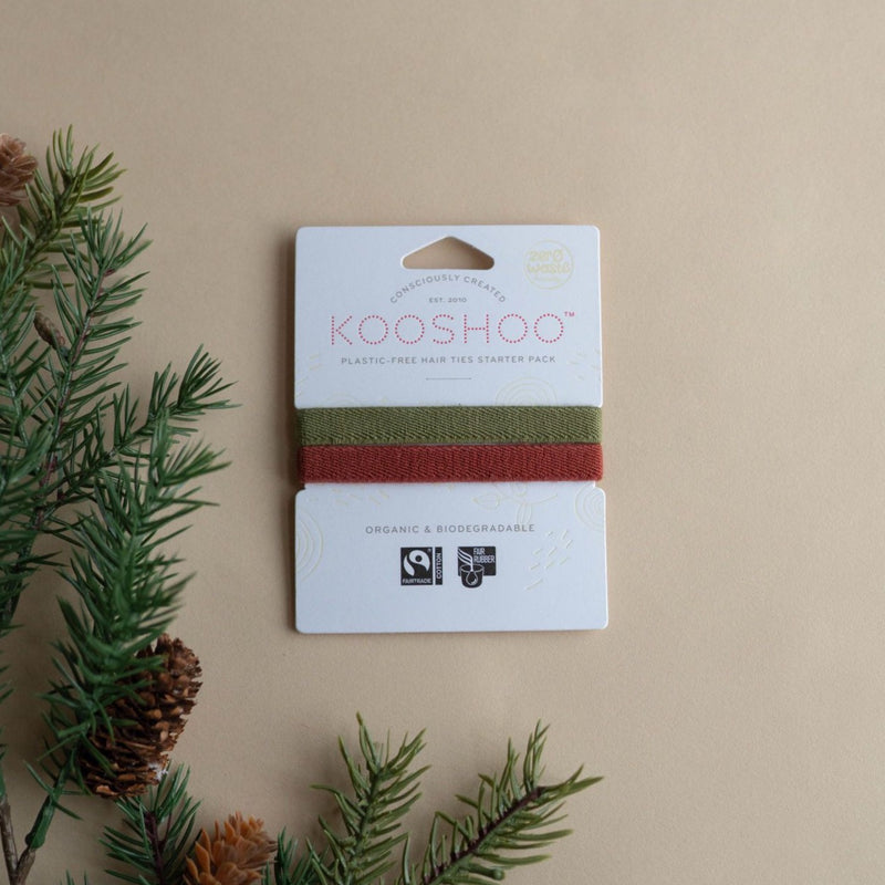 KOOSHOO festive hair tie sample pack that is zero-waste and uses recycled paper packaging. Red and green hair elastics that are the perfect christmas present #color_raw-henna