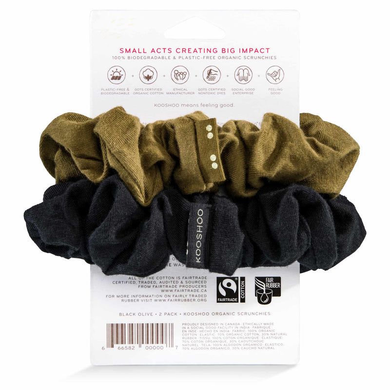 Plastic-free organic cotton scrunchies in dark black and olive green #color_black-olive