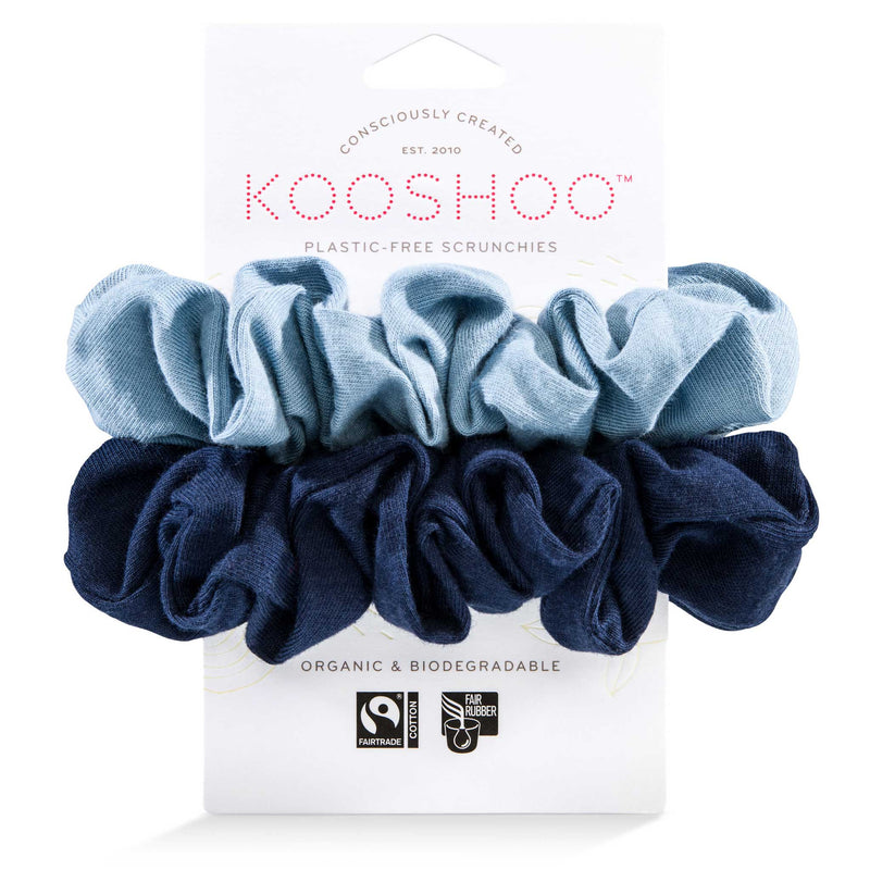 Fairtrade navy blue and ocean blue scrunchie pack that is plastic-free and organic cotton #color_evening-sky