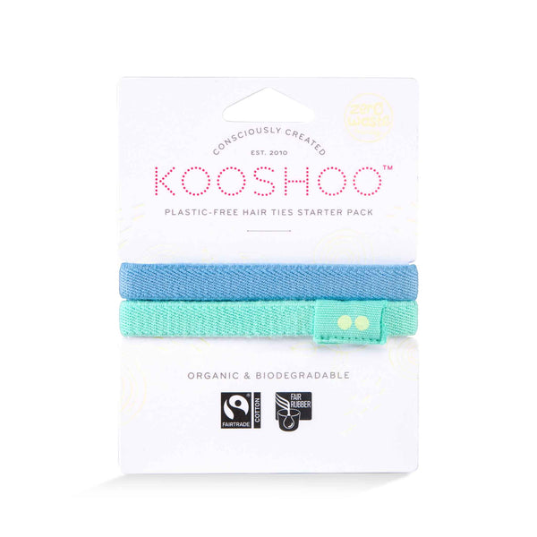 KOOSHOO plastic-free organic cotton hair ties sample pack. South pacific inspired 2-pack, turqouise and ocean blue #color_south-pacific