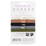 KOOSHOO 100% biodegradable and plastic-free organic hair ties 5-pack back of packaging. Positive environmental change. Ethical manufacturer, GOTS certified nontoxic dyes, social good enterprise and feeling good #color_classics