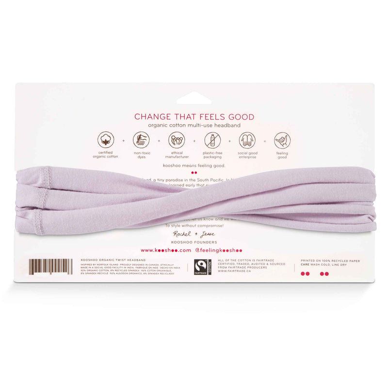 Consciously created KOOSHOO organic twist headband in lavender glow. Super soft subtle light purple headband that is certified organic, non-toxic dyed, ethically made and plastic-free packaging #color_lavender-glow