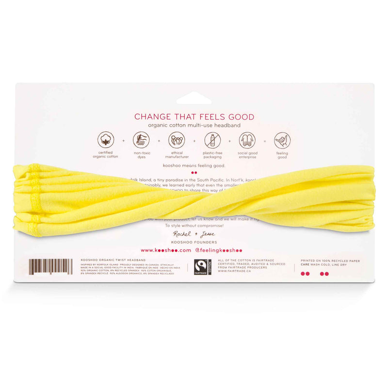 KOOSHOO organic twist headband in bright luminous yellow. KOOSHOO means feeling good. Certified organic cotton, non-toxic dyed, ethically manufactured, plastic-free packaging and made in a social good enterprise #color_luminous-yellow