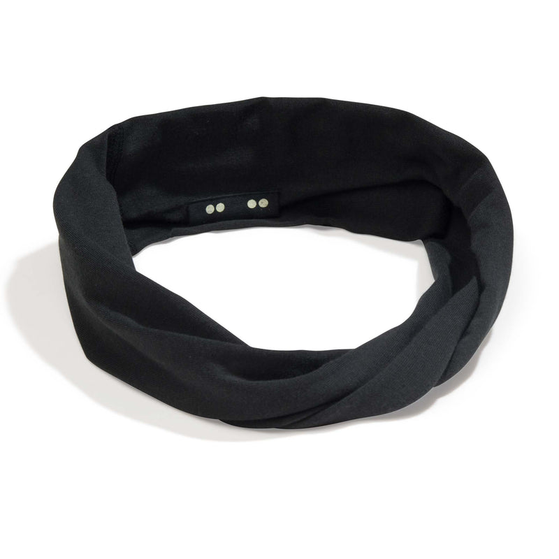KOOSHOO organic twist headband in raven black on-packaging. Consciously created sustainably designed headband with multi-use design #color_black-shades