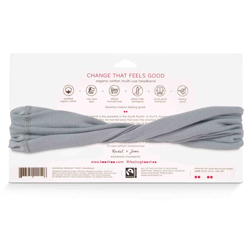 KOOSHOO organic twist headband in grounding gray. Certified organic, multi-use, non-toxic dyes, ethically manufactured, plastic-free packaging and made in a social good enterprise #color_grounding-grey