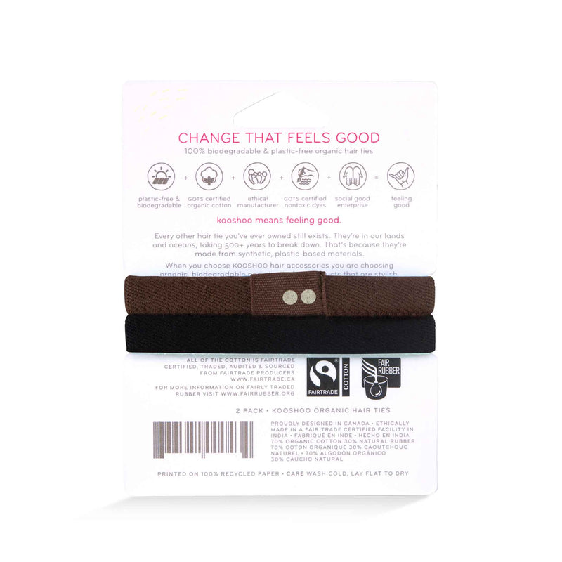 KOOSHOO plastic free starter 2-pack of hair ties, ethically made and sourced #color_black-brown