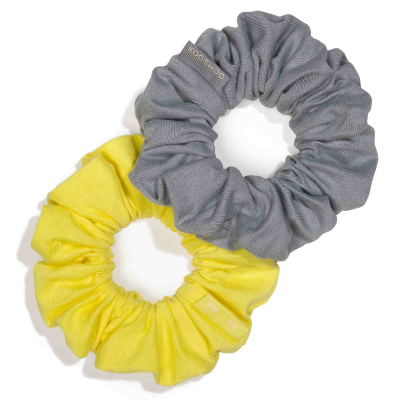 KOOSHOO plastic-free scrunchies in sunrise. Ultimate gray and bright illuminating yellow #color_be-active-bundle