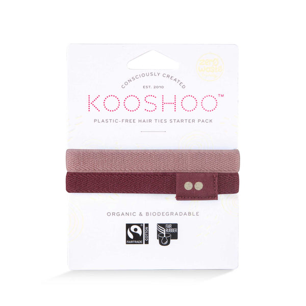 KOOSHOO plastic-free hair elastics in wild plum. Sampler pack with light pink and rose brown hair ties #color_wild-plum