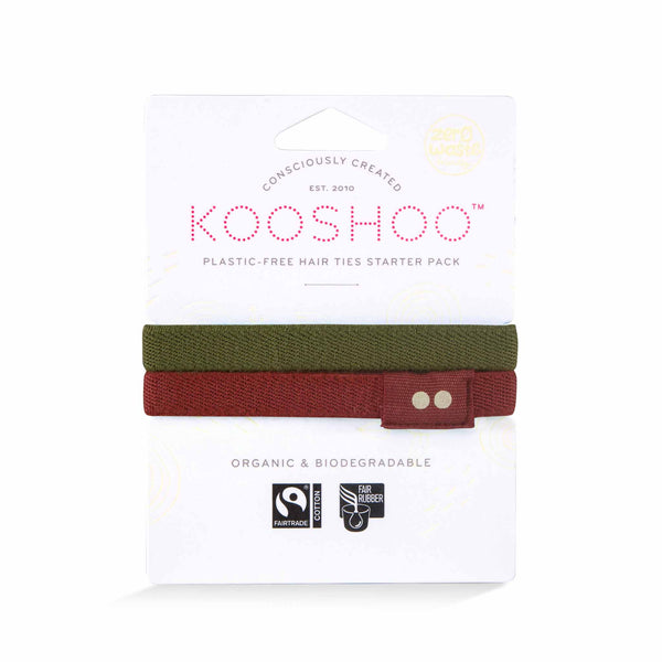 KOOSHOO plastic-free hair ties in feeling festive. Christmas inspired pack with deep holiday green and noel red #color_raw-henna