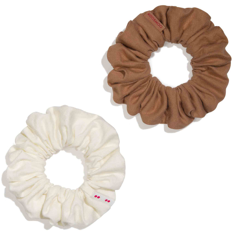 KOOSHOO eco-friendly scrunchies in cappuccino flat lay off-packaging #color_cappuccino