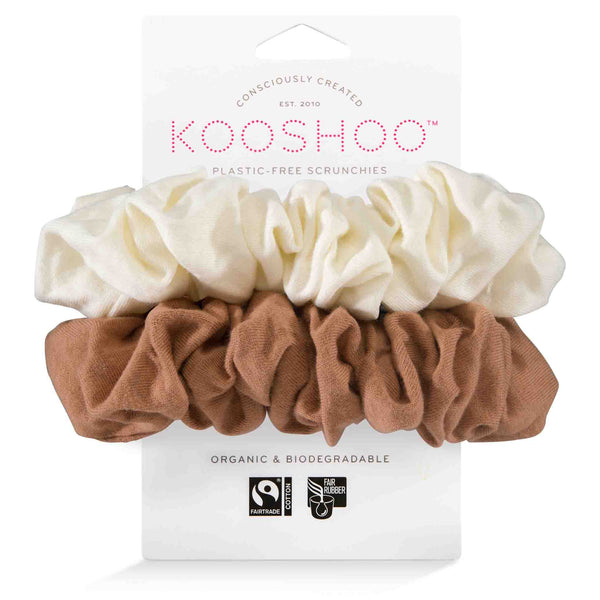KOOSHOO plastic free scrunchies in cappuccino. Pale white and light brown earthy organic cotton scrunchies #color_cappuccino