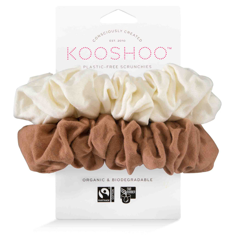 KOOSHOO plastic free scrunchies in cappuccino. Pale white and light brown earthy organic cotton scrunchies #color_cappuccino