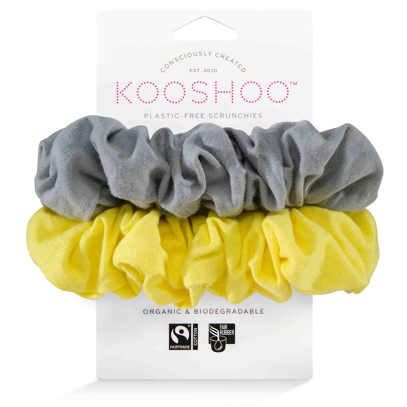 KOOSHOO plastic-free scrunchies in sunrise. Ultimate gray and bright illuminating yellow #color_sunrise