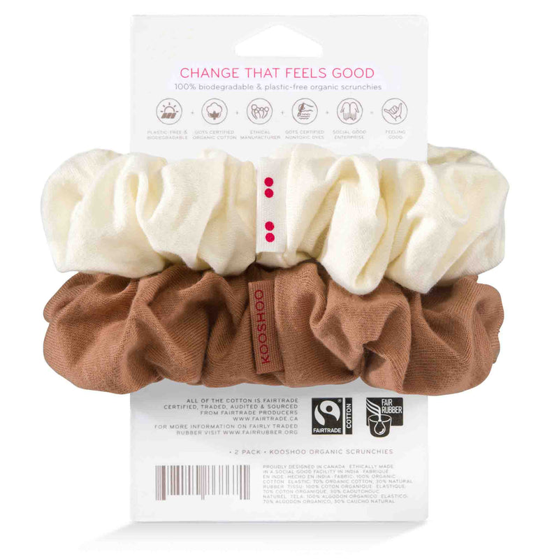 KOOSHOO plastic-free scrunchie 2-pack in cappuccino. Light tan brown and cream organic cotton scrunchies #color_cappuccino