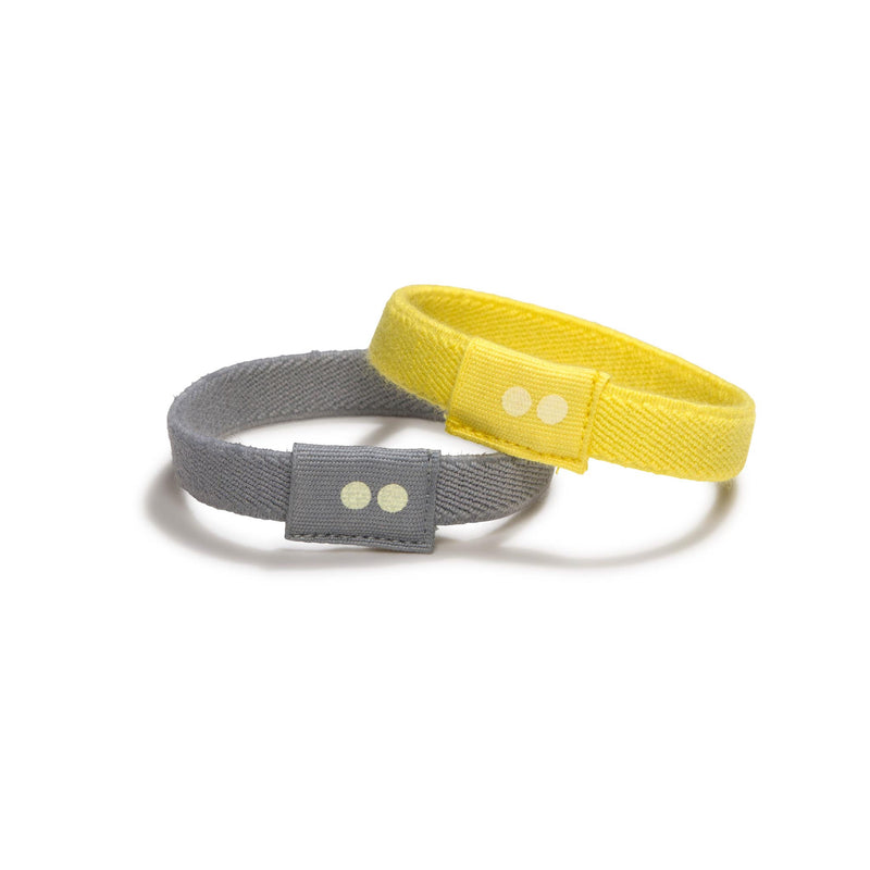 KOOSHOO plastic-free 2 pack of hair ties in sunrise off-packaging. Light stone grey and bright summery yellow #color_sunrise