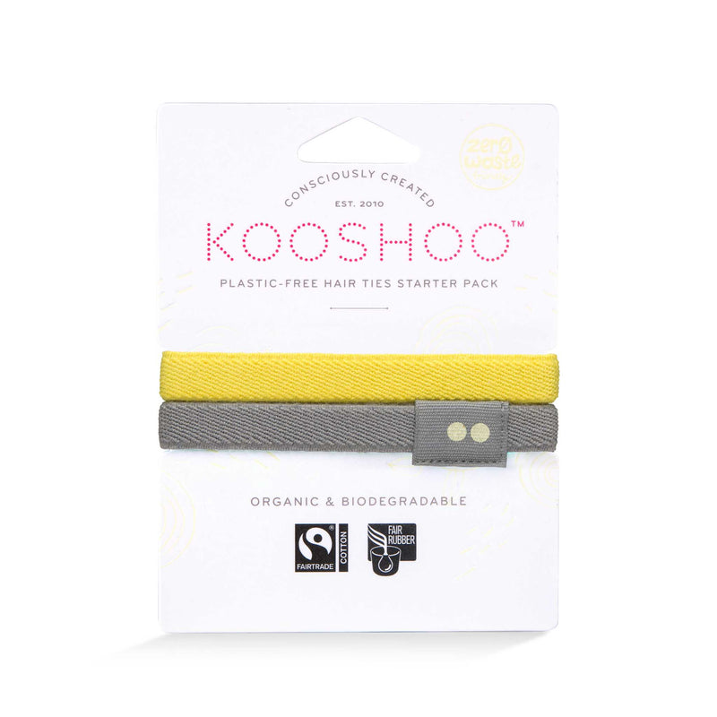 KOOSHOO organic plastic-free hair tie 2-pack in sunrise. Bright illuminating yellow and grounding grey #color_sunrise