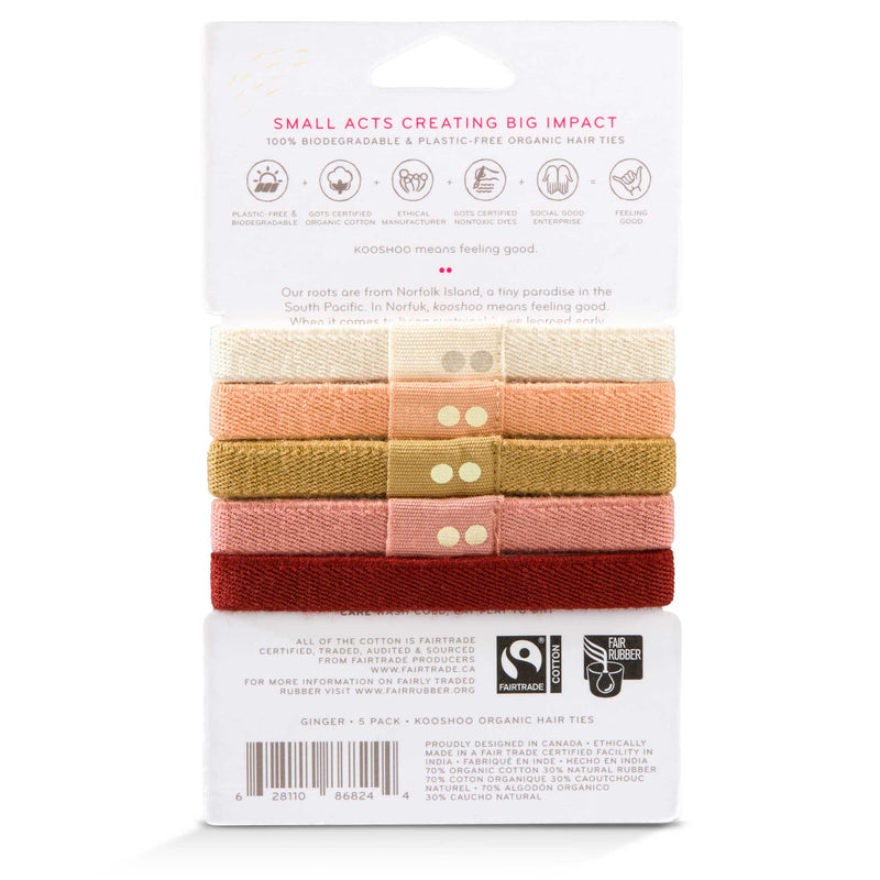 KOOSHOO organic and eco-friendly hair tie pack in ginger. Certified fairtrade, certified organic, handmade and plant-based. 100% recycled packaging #color_ginger